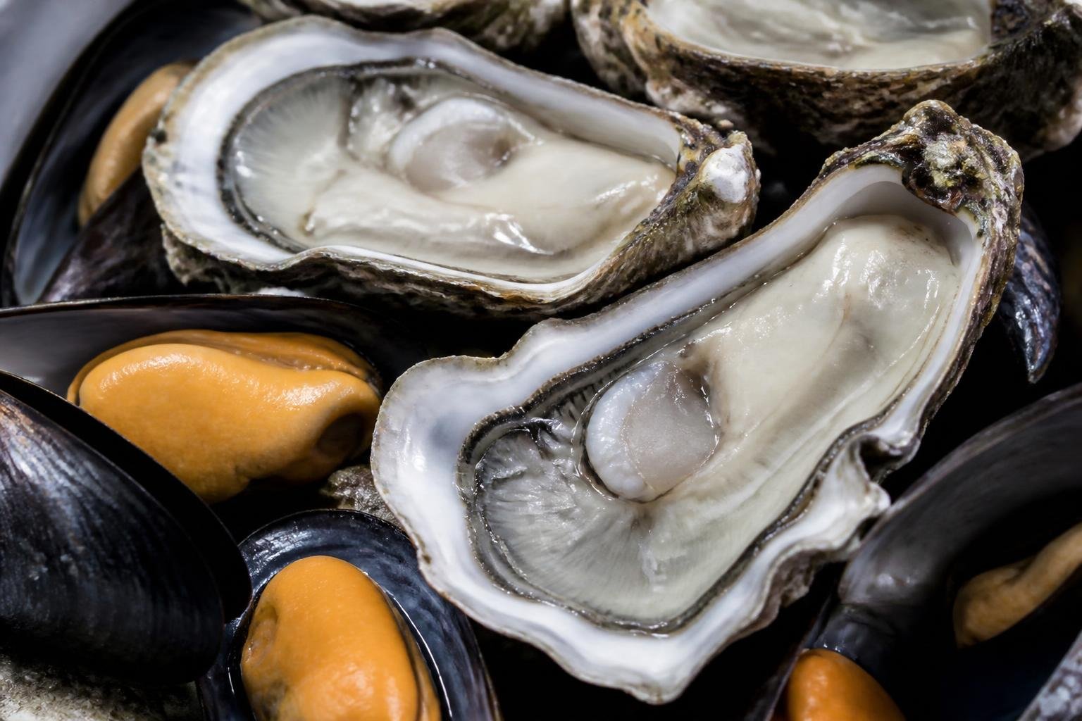 Détail de coquillages frais : huîtres ouvertes et moules
