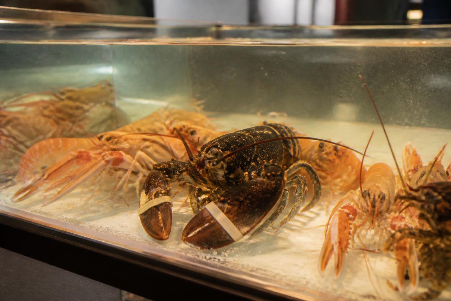 Homard et langoustines frais présentés dans un vivier de restaurant