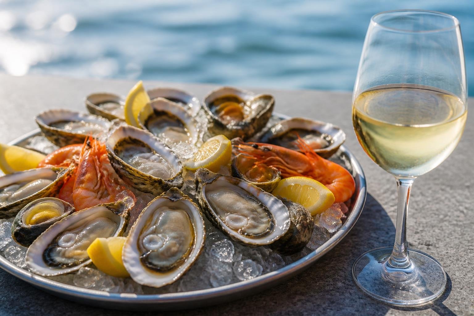 Plateau de fruits de mer avec huîtres et verre de vin blanc frais