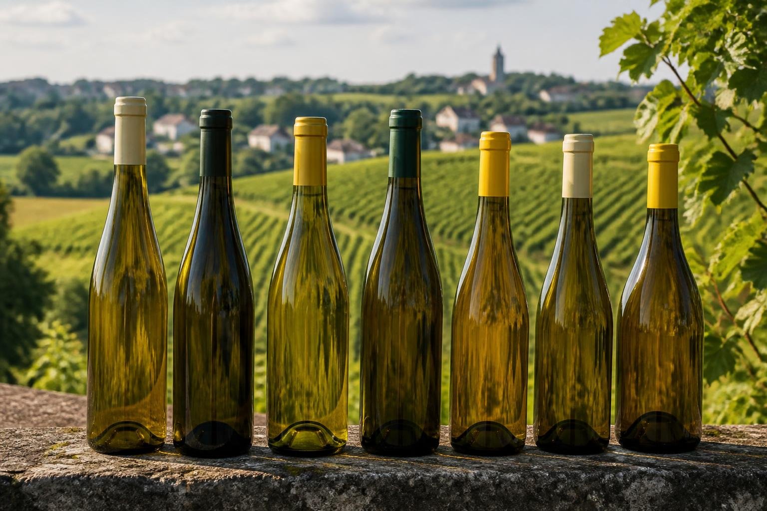 Bouteilles de vin blanc sec de différentes régions (Loire, Bourgogne)