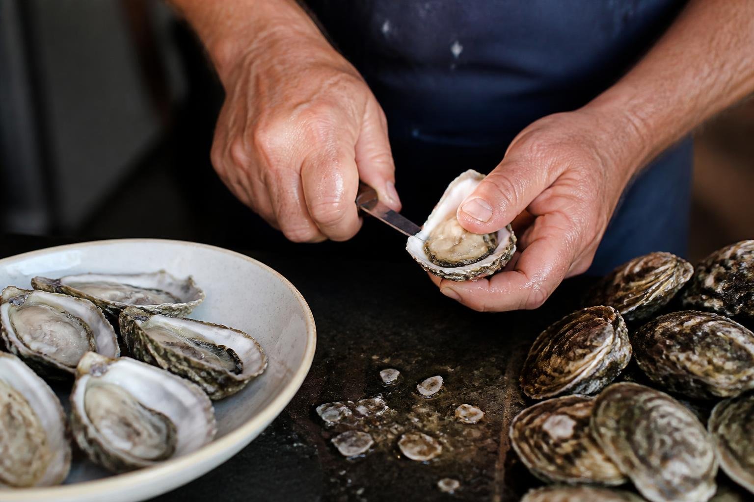 Préparation artisanale de fruits de mer en cuisine